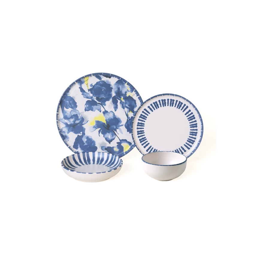 Zestaw obiadowy 24-częściowy biały/niebieski/kamionka