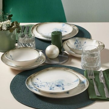 Zestaw obiadowy 24-częściowy biały/niebieski/porcelana