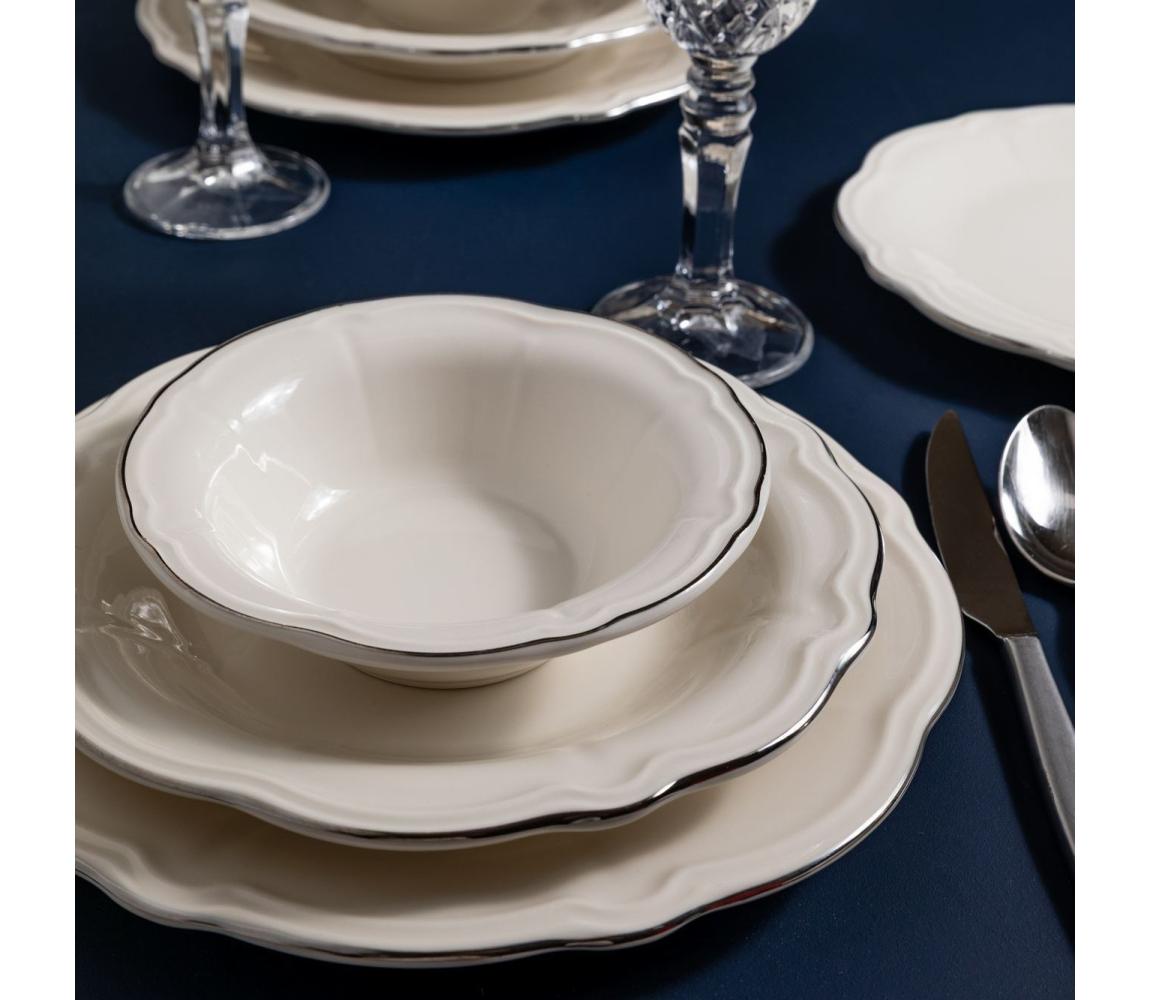 Zestaw obiadowy 24-częściowy, biały/srebrny, porcelanowy