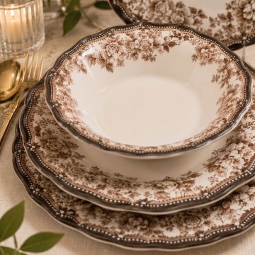 Zestaw obiadowy 24-elementowy, biały/brązowy, porcelana