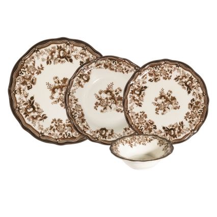 Zestaw obiadowy 24-elementowy, biały/brązowy, porcelana