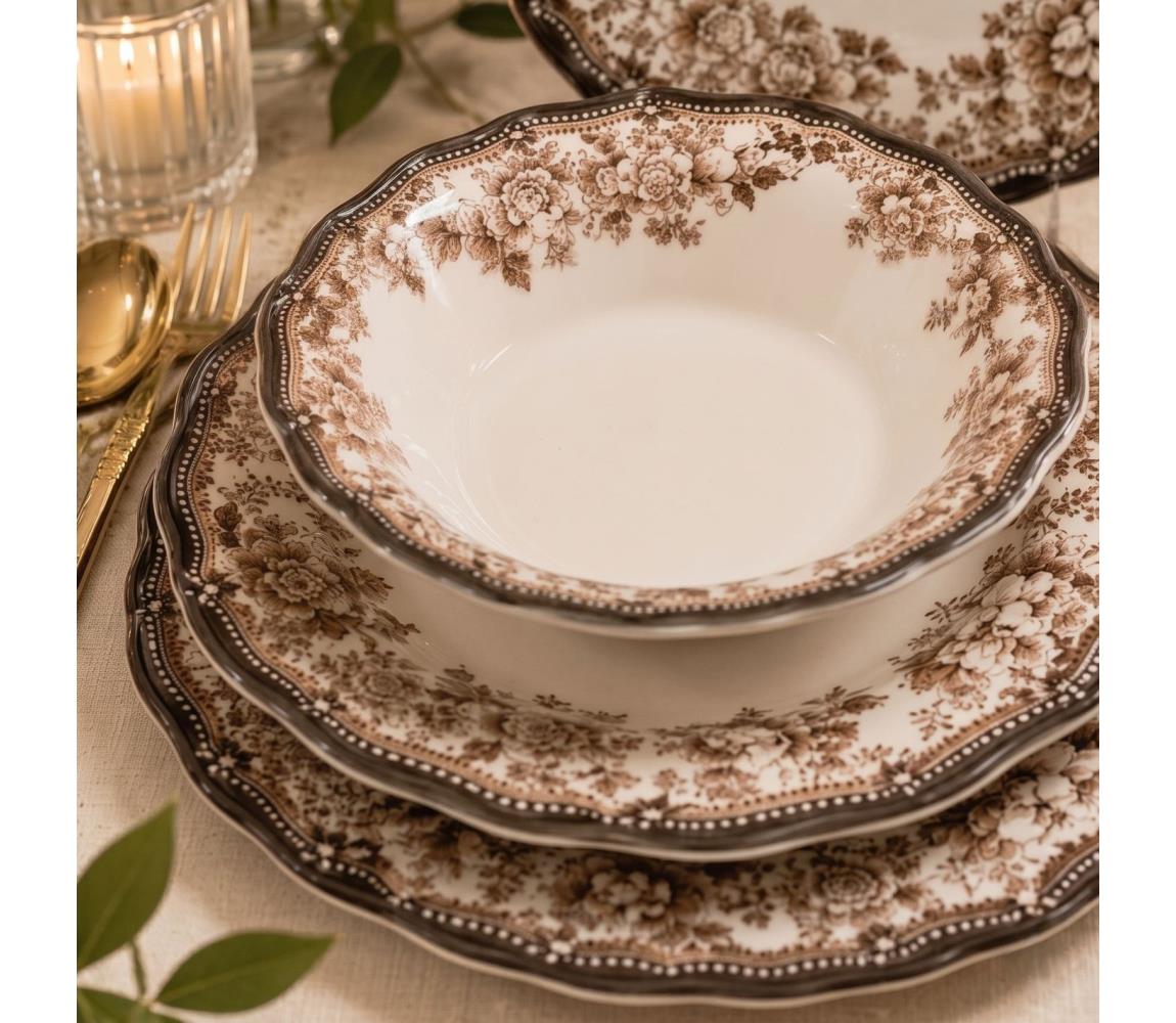 Zestaw obiadowy 24-elementowy, biały/brązowy, porcelana