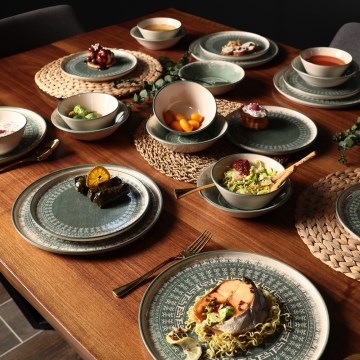 Zestaw obiadowy 24 szt. beżowy/zielony/kamionka