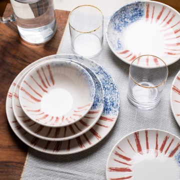 Zestaw obiadowy 24 szt. biały/czerwony/niebieski /porcelana
