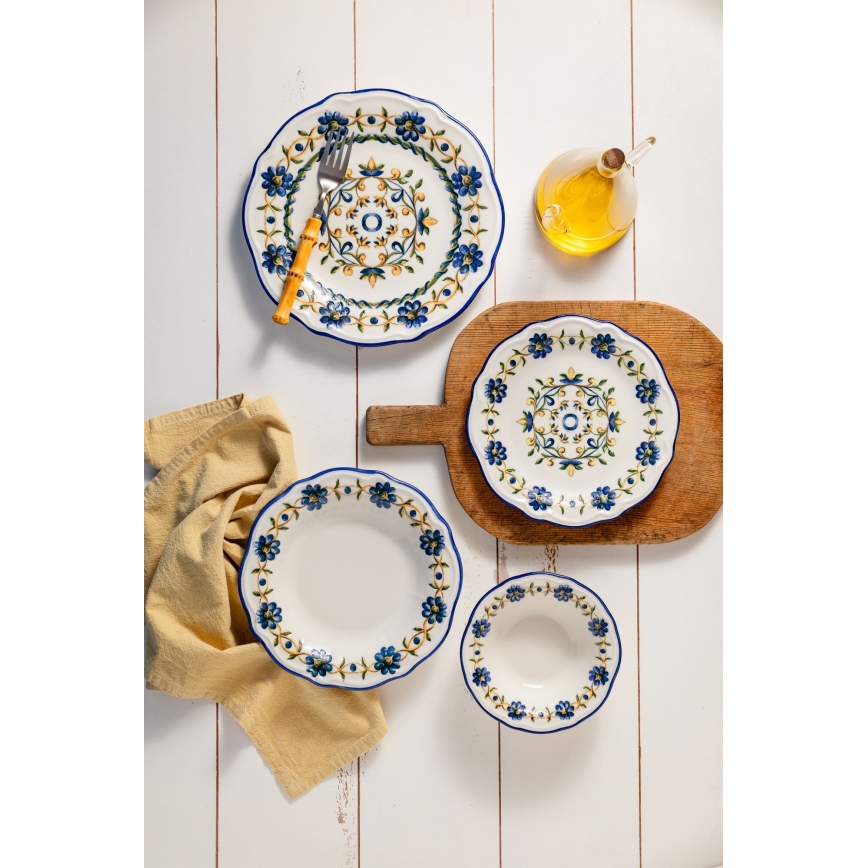 Zestaw obiadowy 24 szt. biały/niebieski/żółty/porcelana