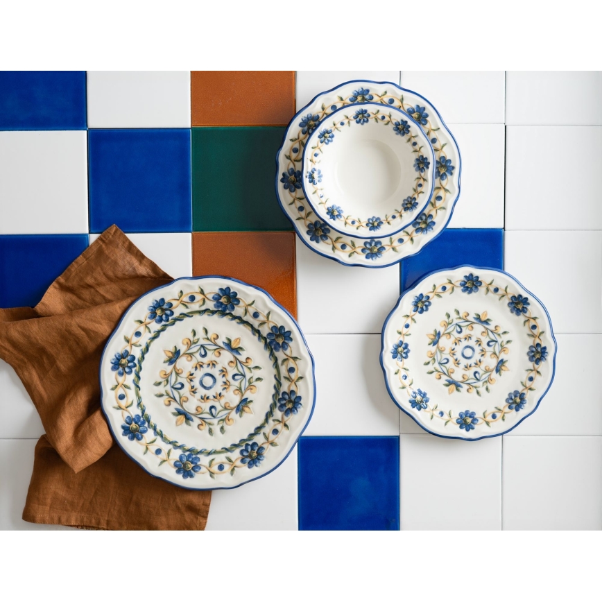 Zestaw obiadowy 24 szt. biały/niebieski/żółty/porcelana
