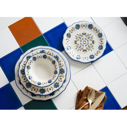 Zestaw obiadowy 24 szt. biały/niebieski/żółty/porcelana