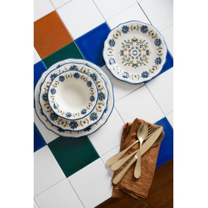 Zestaw obiadowy 24 szt. biały/niebieski/żółty/porcelana