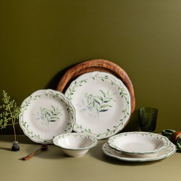 Zestaw obiadowy 24 szt. biały/zielony/porcelana