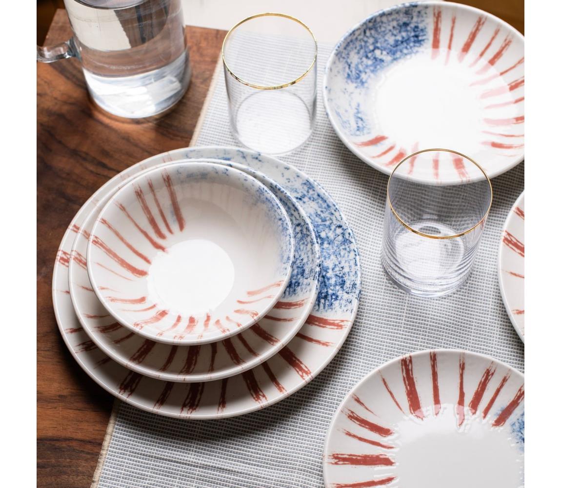 Zestaw obiadowy 24 szt. biały/czerwony/niebieski /porcelana