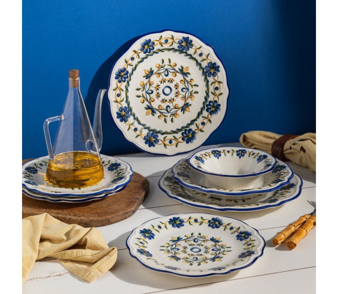 Zestaw obiadowy 24 szt. biały/niebieski/żółty/porcelana