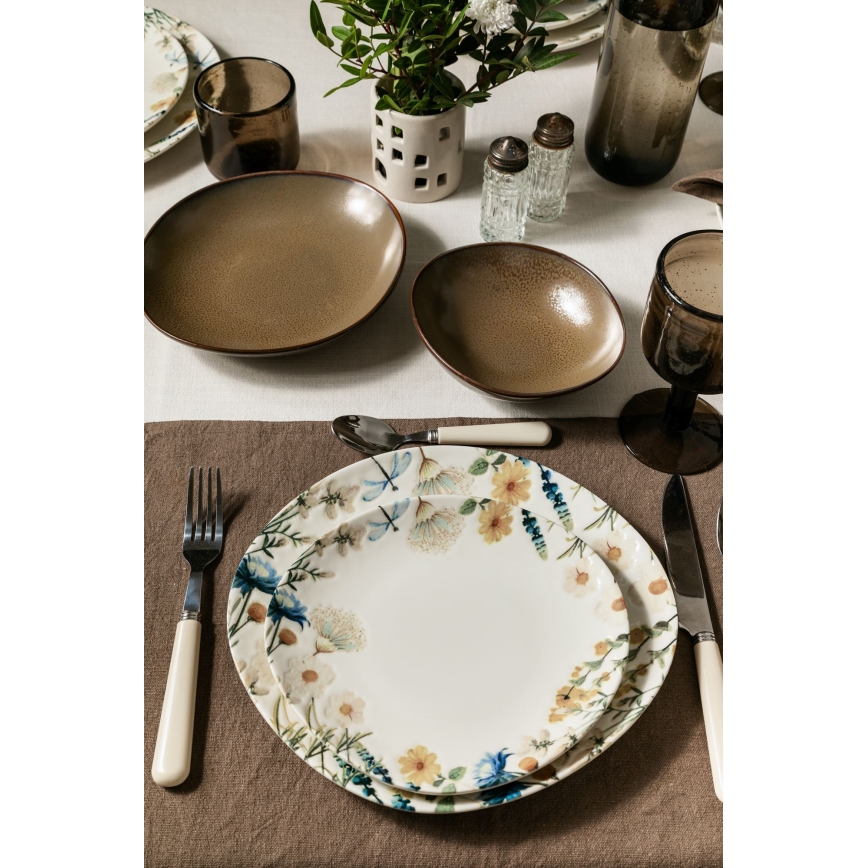 Zestaw obiadowy 24 szt. kolorowy/brązowy/porcelanowy