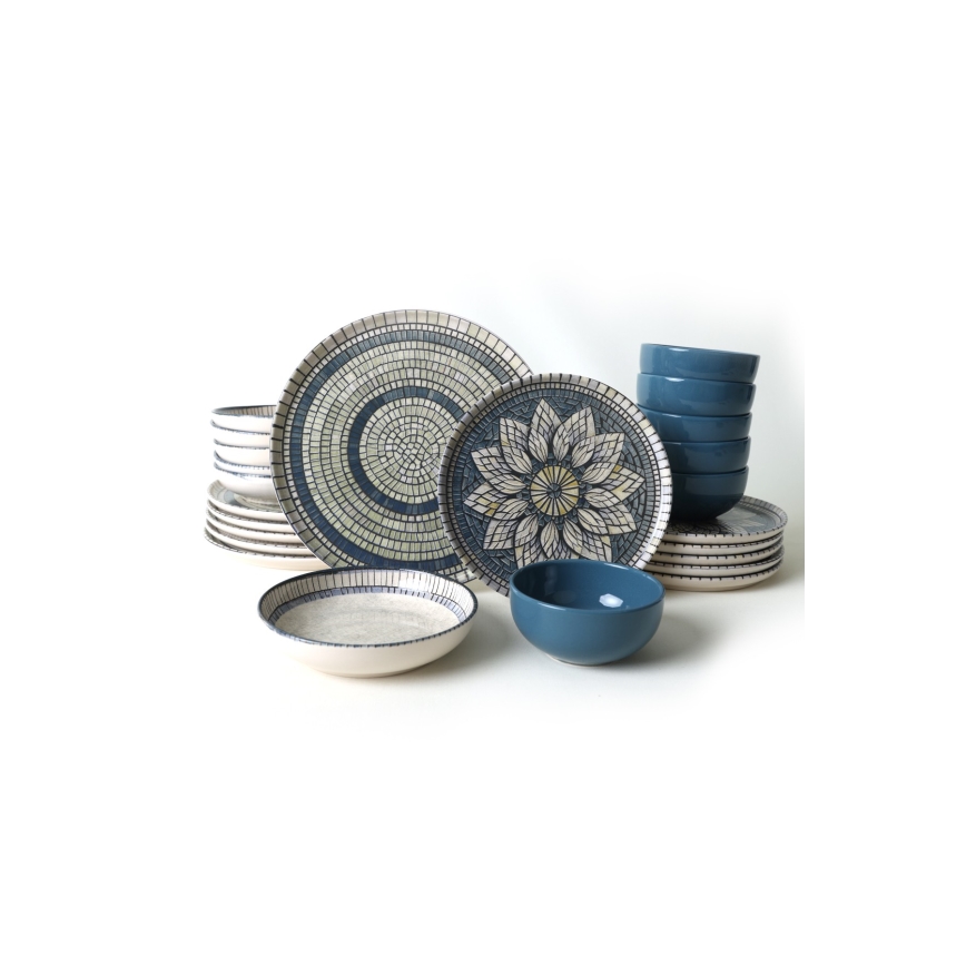 Zestaw obiadowy 24 szt. niebieski/kremowy/kamionka