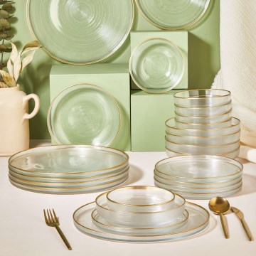Zestaw obiadowy 24 szt. — szkło przezroczyste ze złotymi akcentami
