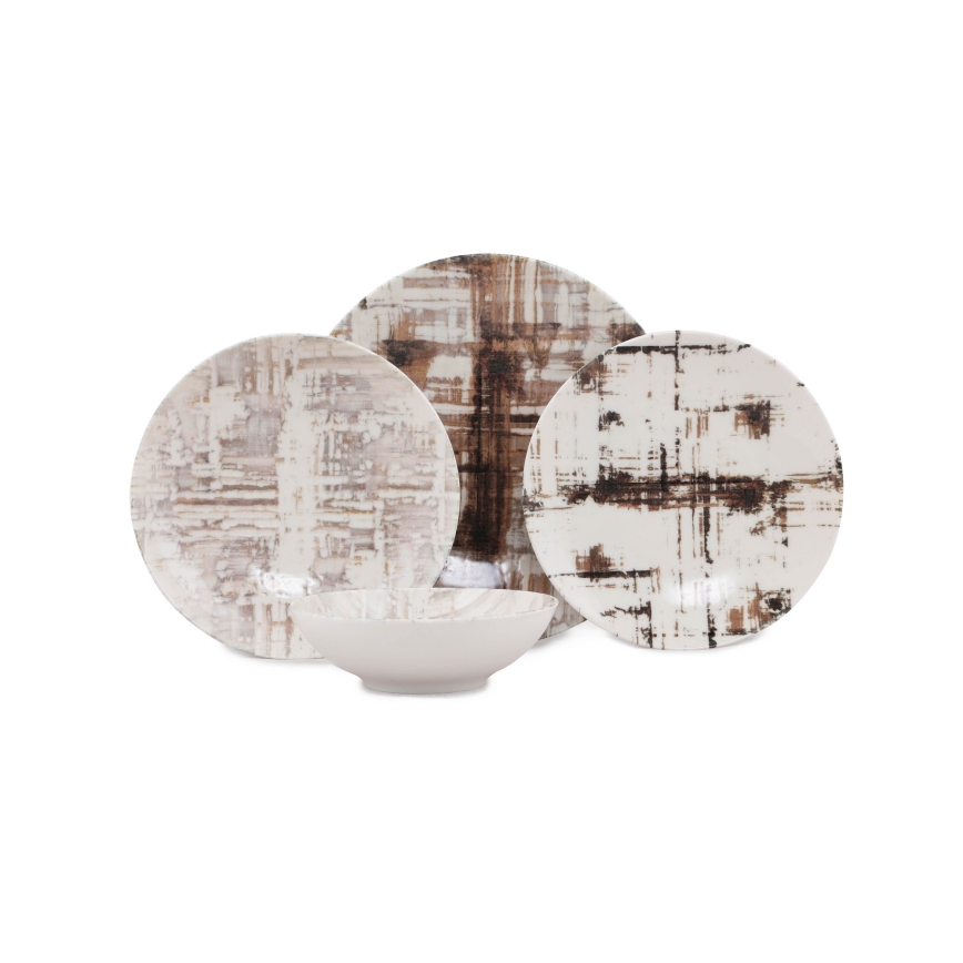 Zestaw obiadowy 24‑częściowy, brązowo‑biały, porcelana