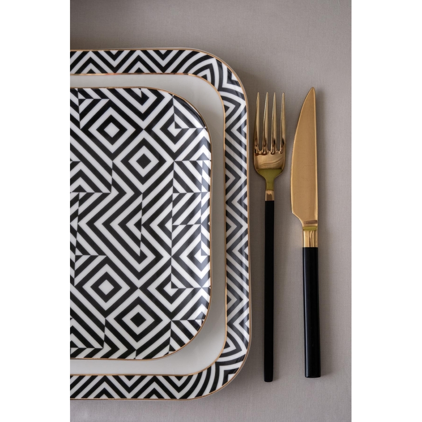 Zestaw obiadowy 26 części, porcelanowy, biały/czarny