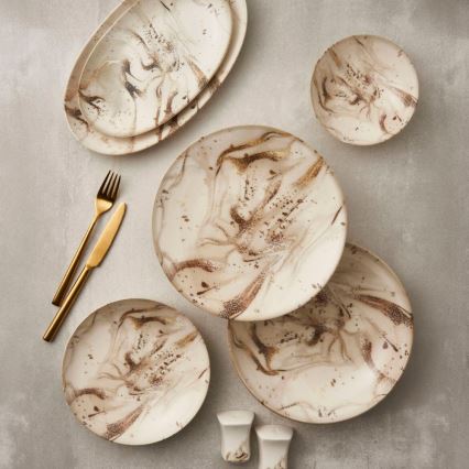 Zestaw obiadowy 26 elementów, beżowo-brązowy, porcelana