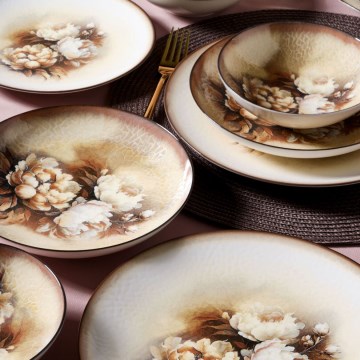 Zestaw obiadowy 26 szt., beżowy/brązowy/biały, porcelanowy