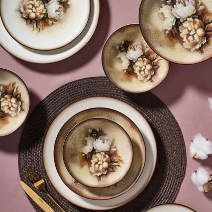 Zestaw obiadowy 26 szt., beżowy/brązowy/biały, porcelanowy