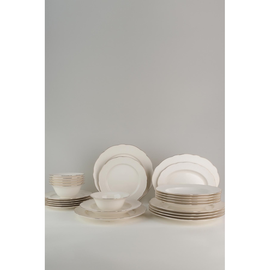 Zestaw obiadowy 26 szt. biały/srebrny/kość słoniowa porcelana