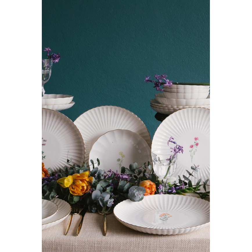 Zestaw obiadowy 27 elementów biały/złoty/porcelana