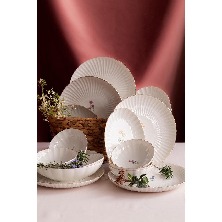 Zestaw obiadowy 27 elementów biały/złoty/porcelana