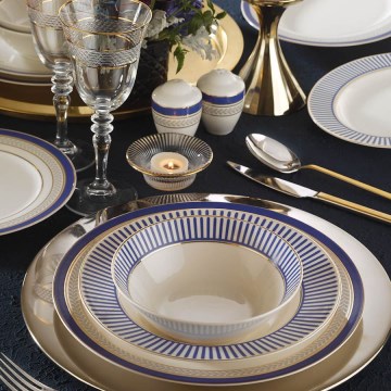 Zestaw obiadowy 53 szt. biały/niebieski/złoty/porcelana