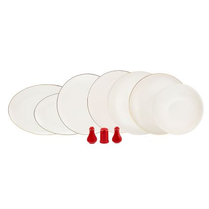 Zestaw obiadowy 58 elementów, biały/czerwony, porcelana