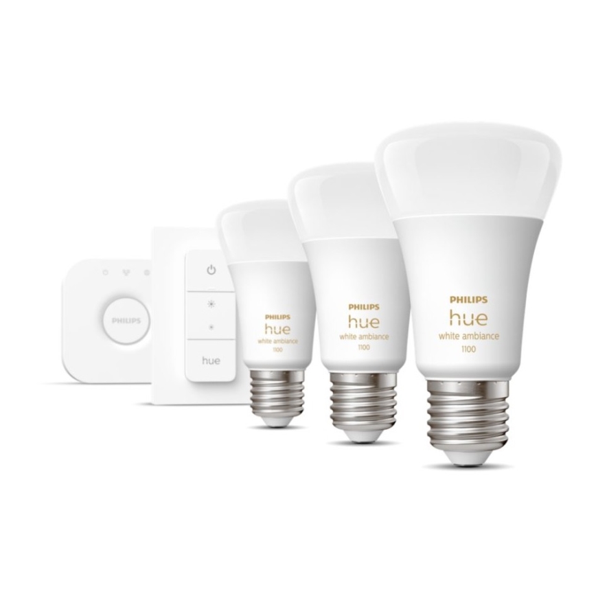 Zestaw podstawowy Philips Hue White Ambiance 3xE27/11W 2200-6500K + urządzenie do łączenia i zdalne sterowanie
