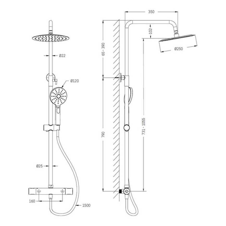 Zestaw prysznicowy z baterią termostatyczną DRAGOR, błyszczący mosiądz