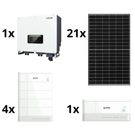 Zestaw solarny: 21x fotowoltaiczny panel solarny + 4x moduł bateryjny + konwerter hybrydowy + podstawa z jednostką sterującą baterii