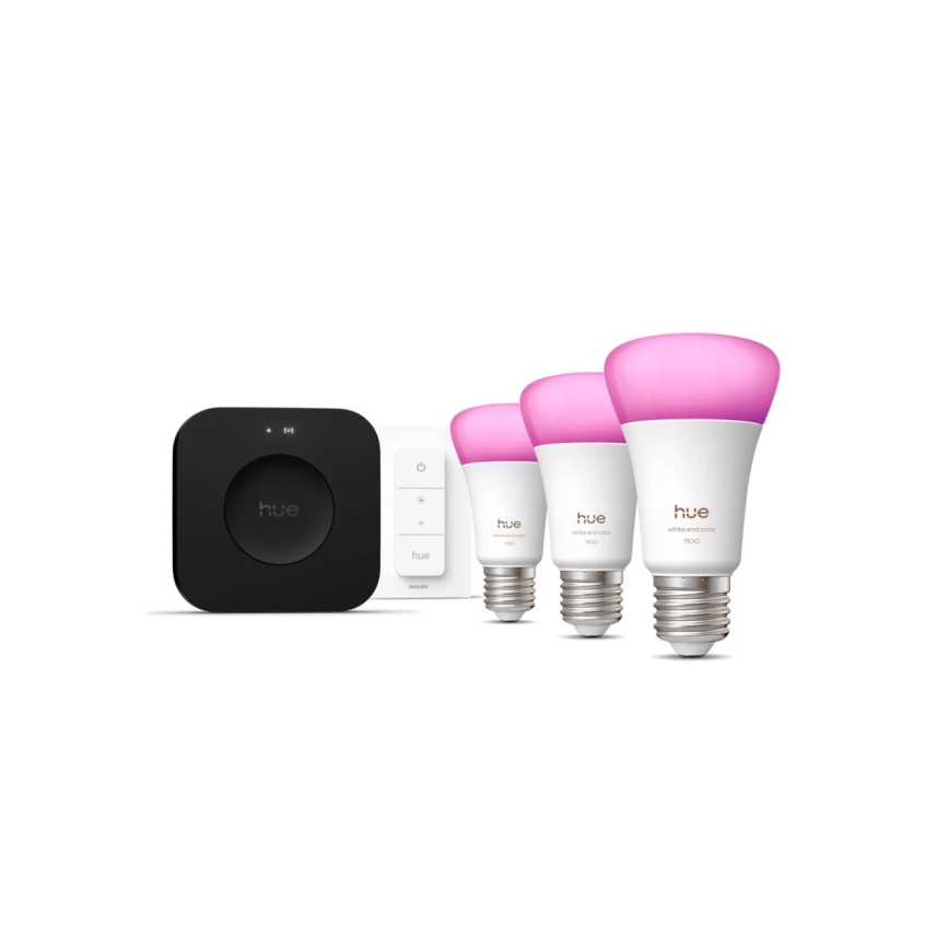 Podstawowy zestaw Philips Hue WHITE AND COLOR AMBIANCE 3xE27/8,1W 1000-20000K + urządzenie do łączenia