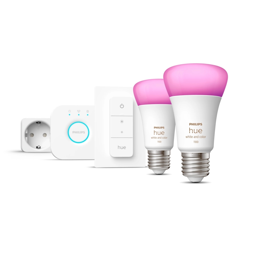 Podstawowy zestaw Philips Hue White and Color Ambiance 2xE27/9W/230V 2200-6500K + inteligentne gniazdko, mostek Hue i przełącznik ściemniający