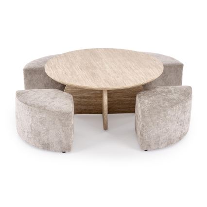 ZESTAW stolik kawowy NUGAT śr. 80 cm + 4x pufa trawertyn/szary