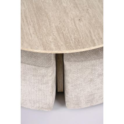 ZESTAW stolik kawowy NUGAT śr. 80 cm + 4x pufa trawertyn/szary