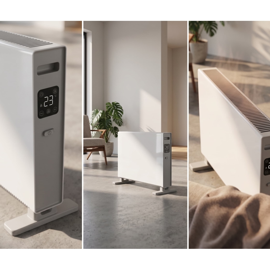 ZEVENTI - Elektryczny grzejnik/konwektor z wyświetlaczem LCD 1250/2000W/230V biały + pilot zdalnego sterowania