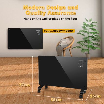 ZEVENTI - Inteligentny ścienny elektryczny grzejnik/konwektor z wyświetlaczem LCD 1000/2000W/230V Wi-Fi czarny