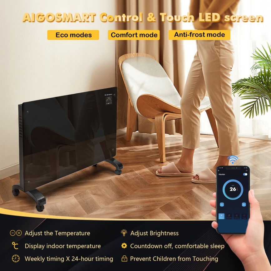 ZEVENTI - Inteligentny ścienny elektryczny grzejnik/konwektor z wyświetlaczem LCD 1000/2000W/230V Wi-Fi czarny