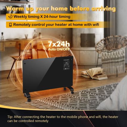 ZEVENTI - Inteligentny ścienny elektryczny grzejnik/konwektor z wyświetlaczem LCD 1000/2000W/230V Wi-Fi czarny