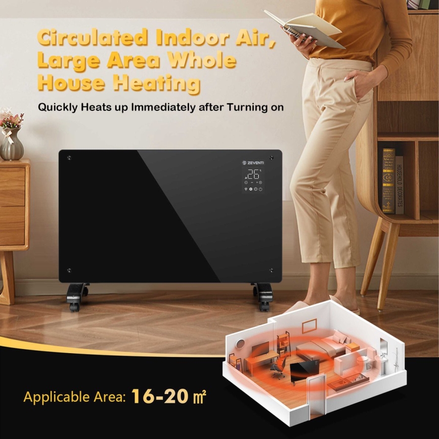 ZEVENTI - Inteligentny ścienny elektryczny grzejnik/konwektor z wyświetlaczem LCD 1000/2000W/230V Wi-Fi czarny