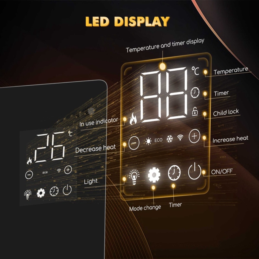 ZEVENTI - Inteligentny ścienny elektryczny grzejnik/konwektor z wyświetlaczem LCD 1000/2000W/230V Wi-Fi czarny