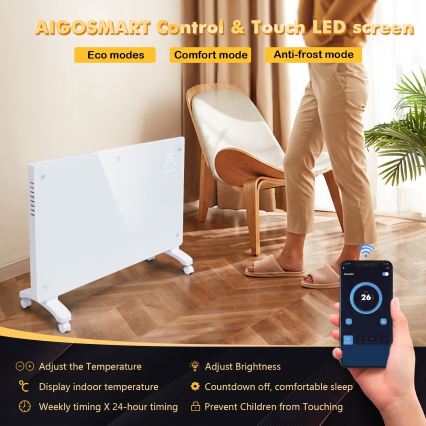 ZEVENTI - Inteligentny ścienny grzejnik elektryczny/konwektor z wyświetlaczem LCD 1000/2000W/230V Wi-Fi biały