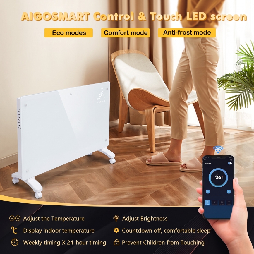 ZEVENTI - Inteligentny ścienny grzejnik elektryczny/konwektor z wyświetlaczem LCD 1000/2000W/230V Wi-Fi biały