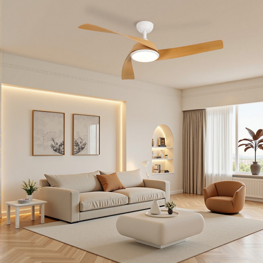 ZEVENTI - LED ściemnialny wentylator sufitowy AERYS LED/24W/230V 3000/4000/6000K Wi-Fi Tuya biały/dąb + pilot zdalnego sterowania