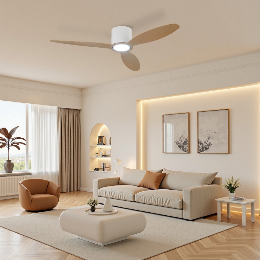 ZEVENTI - LED ściemnialny wentylator sufitowy VENTORA LED/24W/230V 3000/4000/6000K Wi‑Fi Tuya biały/dąb + pilot zdalnego sterowania