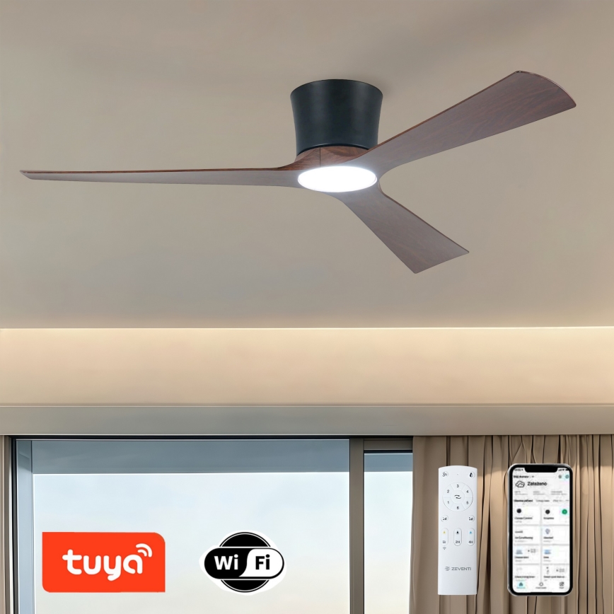 ZEVENTI - Ściemnialny wentylator sufitowy LED AUREX LED/24W/230V 3000/4000/6000K Wi‑Fi Tuya czarny/orzech + pilot zdalnego sterowania
