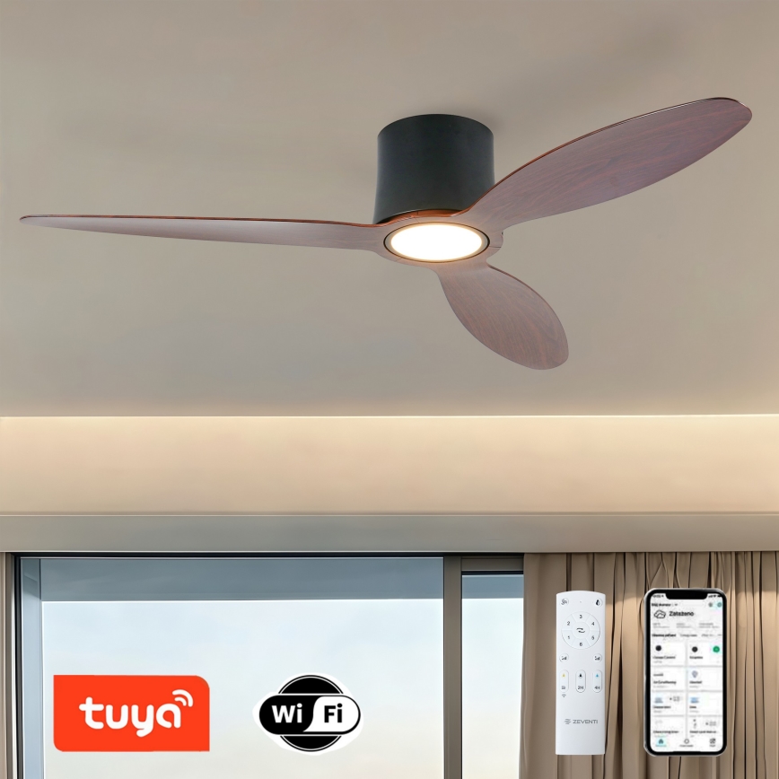 ZEVENTI - Ściemnialny wentylator sufitowy LED VENTORA LED/24W/230V 3000/4000/6000K Wi-Fi Tuya czarny/orzech + pilot zdalnego sterowania