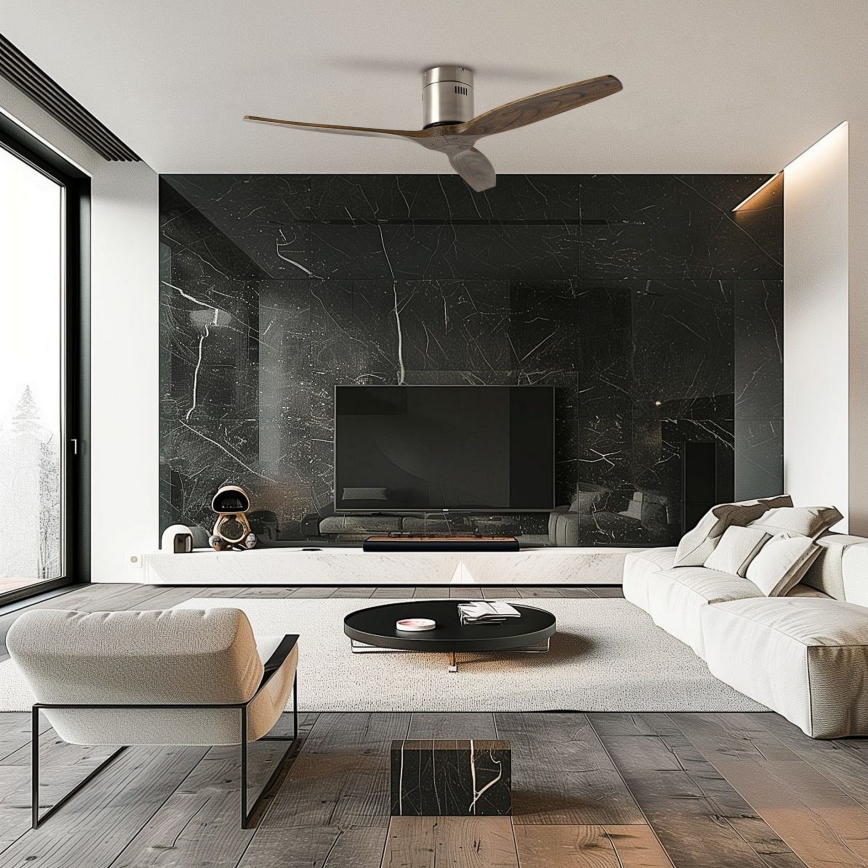 ZEVENTI - Wentylator sufitowy SPELLO Wi-Fi Tuya matowy chrom/dąb + zdalne sterowanie