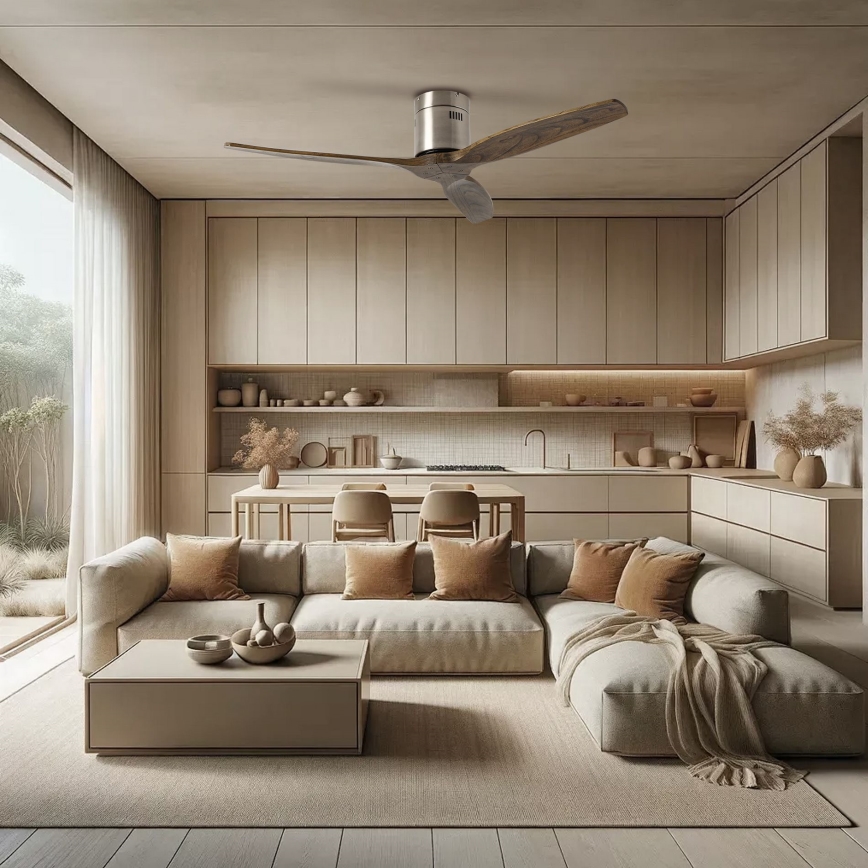 ZEVENTI - Wentylator sufitowy SPELLO Wi-Fi Tuya matowy chrom/dąb + zdalne sterowanie