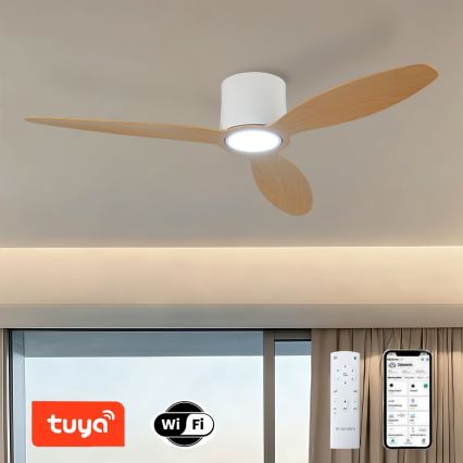 ZEVENTI - LED ściemnialny wentylator sufitowy VENTORA LED/24W/230V 3000/4000/6000K Wi‑Fi Tuya biały/dąb + pilot zdalnego sterowania